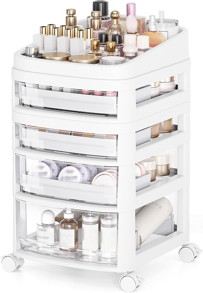 Rolling Cart with 4 Drawers, Clear Plastic Drawer Organizers