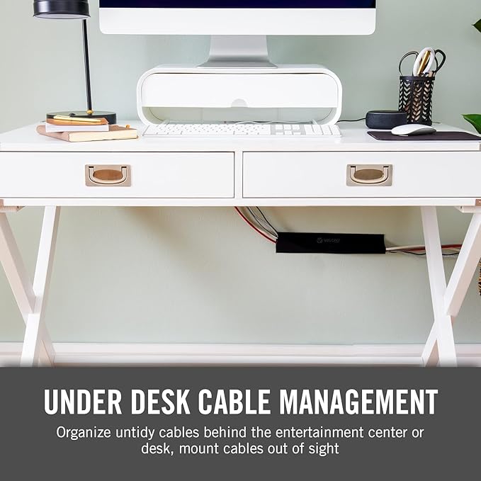 VELCRO Brand Complete Desk Cable Management Kit | 8in Mountable Cable Sleeve 2pk + 150pk Reusable Cable Ties + Desk & Nightstand Cord Organizer | Black, Damage-Free Mounting
