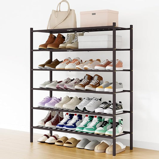 Smiry Long Bamboo Shoe Rack, 6 Tier Free Standing Wooden Shoe Organizer, Stackable Wood Shoe Storage Shelf for Closet, Entryway, 12 Vertical Slats, 2+2+2 Stack Standard Legs, 33.7"x11"x39", Brown