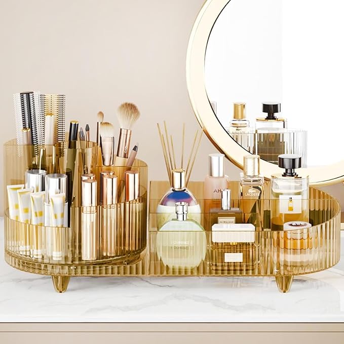 Rotating Makeup Organizer for Vanity with Brush Holder, Transparent Gold