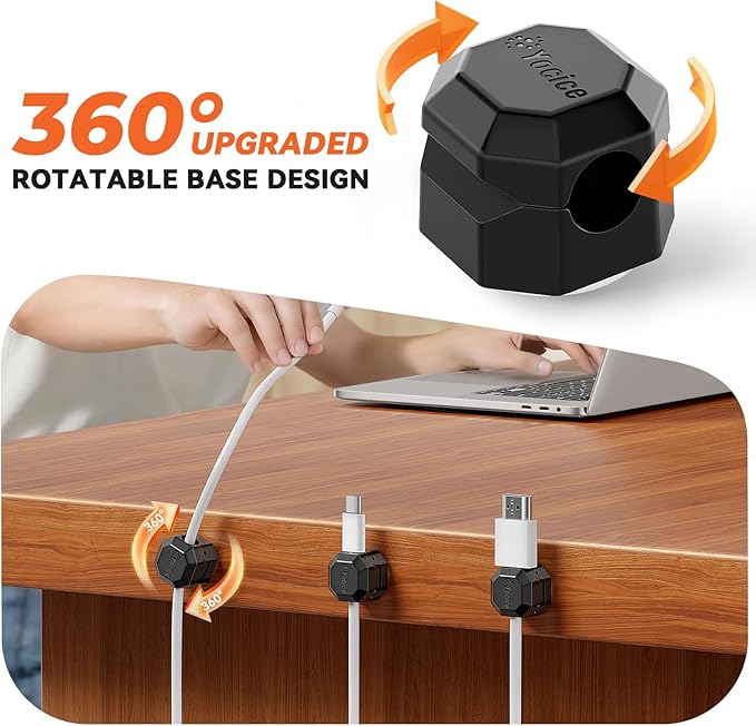 8 Pack Rotatable Cable Clips,Spring Cord Organizer Desk Cable Management Cord Holder Adhesive Phone Charger Cord Clips for Home Office Car Wall Nightstand Accessories Black