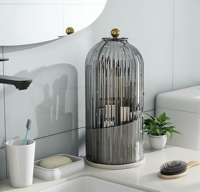Dustproof Toothbrush Holders with Cover, Rotating Electric Toothbrush and Toothpaste Holder for Bathroom Countertop, 3 Slots Makeup Brushes Organizer, Grey White