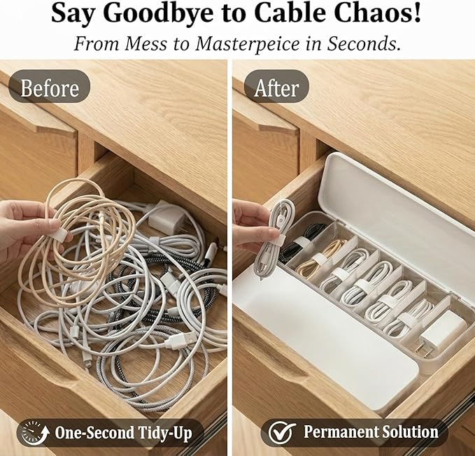 Cable Organizer Box with 7 Wire Ties, 1 Pack Desktop Cord Management Storage Case with Lid, 7 Compartments for Chargers Cables for Office Home Desk Accessories Cords (White)