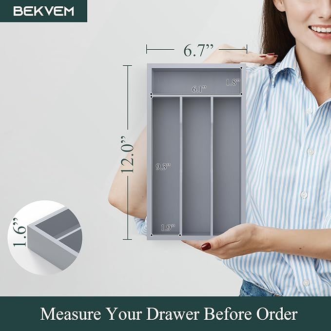 Silverware Organizer, Bamboo Kitchen Drawer Organizer, Grey, 6.7''W x 12''D