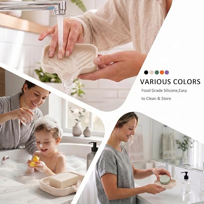 MicoYang Silicone Soap Dish with Drain Spout — Self-Draining Sink Organizer Tray for Bathroom & Kitchen, Holds Bar Soap, Sponges & Dispensers, Non-Slip & Dishwasher Safe, Tapioca (Small, 4.9"×3.2")