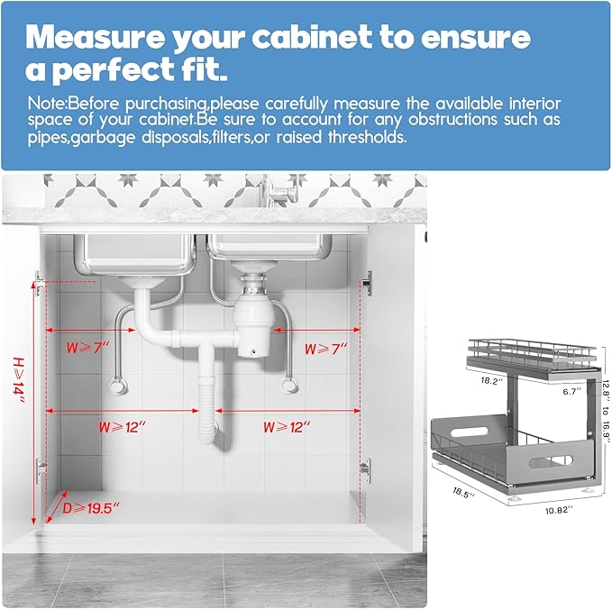 Under Sink Organizer Upgrade To Professional Rails,2-Tier Dual Pull Out Cabinet Storage,Height Adjustable Slide Out Drawers For Bathroom Kitchen,2 Pack-18.5"Dx12.8"-16.9"H,Gun Gray