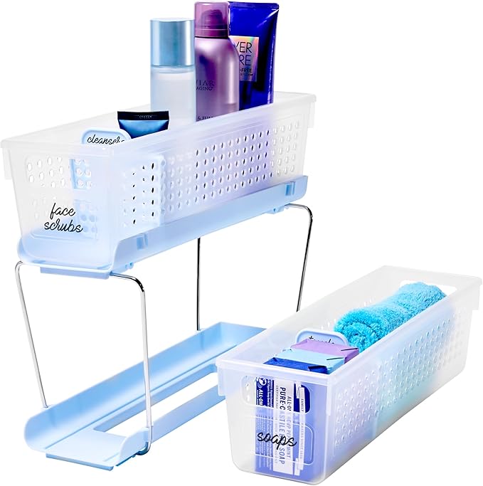 madesmart 2 Tier Bath Organizer, Under Cabinet Storage with Sliding Drawers, for Cleaning Supplies, Pantry, Sponges, Bottles & Kitchen Essentials, Adjustable Dividers & Pull Out Sliding Baskets, Blue