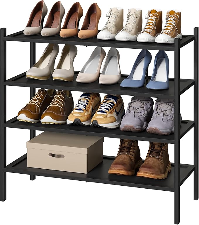 kiplant Shoe Rack for Entryway, Black Bamboo Shoe Rack 4-Tier, Stackable Shoe Organizer for Hallway Closet, Free Standing Shoe Racks for Indoor Outdoor