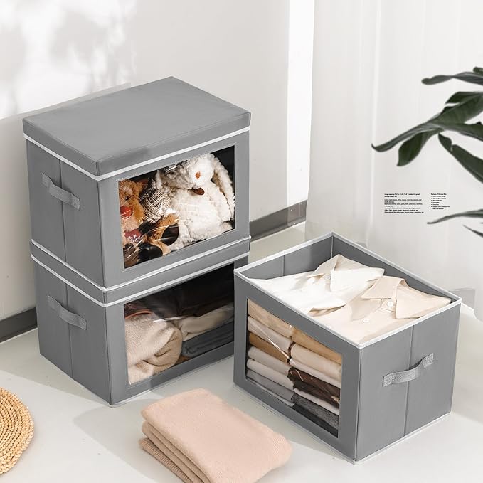 Homsorout Storage Bins with Lids, 3 Pack Large Storage Cubes with Window, Closet Bins with Lids & Handles, Fabric Box for Organizing Clothes, Towels, Books, Grey