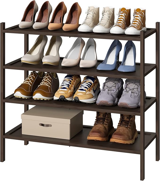 kiplant Shoe Rack for Entryway, Bamboo Wood Shoe Rack 4-Tier, Stackable Shoe Organizer for Closet, Free Standing Shoe Racks for Indoor & Outdoor