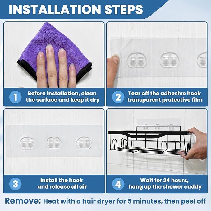 2 Pack Shower Caddy Adhesive Replacement, Shower Shelf Strong Adhesive Hooks, No Drilling, Transparent WaterProof Strips for Bathroom Shelves & Kitchen Racks