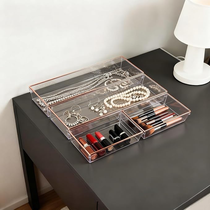 6 Pack Large Size Clear Stackable Drawer Organizer Trays, Rose Gold Rim Makeup Drawer Storage Tray Divider, Desk Storage for Makeup, Jewelry, Bathroom, Stationary, Kitchen Utensils and Office Desk