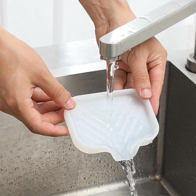 MicoYang Silicone Soap Dish with Drain Spout — Self-Draining Sink Organizer Tray for Bathroom & Kitchen, Holds Soap, Sponges & Dispensers, Non-Slip & Dishwasher Safe, Translucent (Small, 4.9"×3.2")
