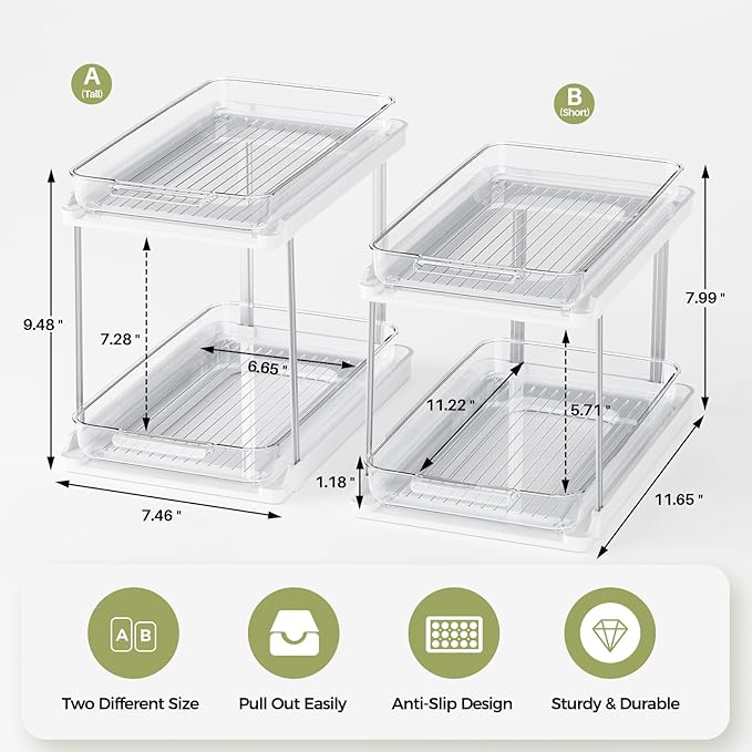 Delamu 2-Tier Bathroom Under Sink Organizers and Storage, Pull Out Cabinet Drawers with Anti-Slip Design, Multi-Purpose Storage for Kitchen, Pantry, Bathroom & Home Organization, White, 2 Pack