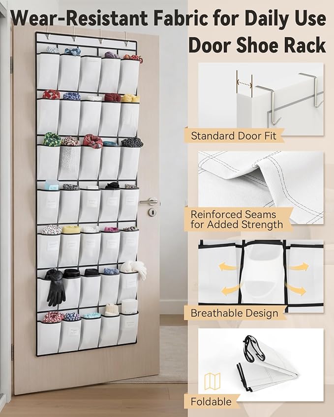 dodowin Over the Door Shoe Organizers, 2 Pack - 40 Deep Mesh Pockets Each, Over The Door Shoe Rack with 4 Metal Hooks Each, Space Saving Hanging Storage Holder for Closets, Shoes & Accessories, White