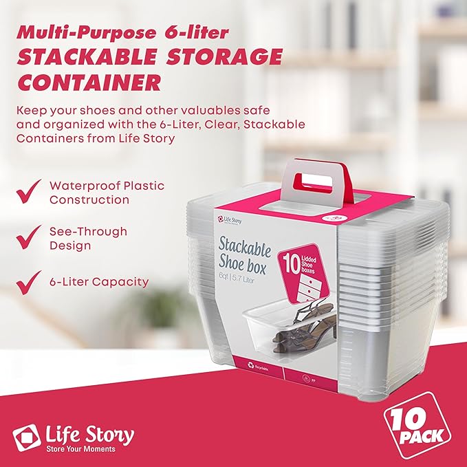 Life Story 10-Pack Plastic Storage Box, Stackable Shoe Organizer Tote Containers
