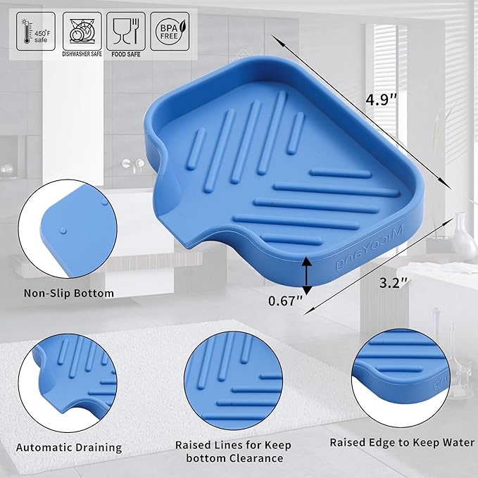 MicoYang Silicone Soap Dish with Drain Spout — Self-Draining Sink Organizer Tray for Bathroom & Kitchen, Holds Bar Soap, Sponges & Dispensers, Non-Slip & Dishwasher Safe, Lichen Blue(Small, 4.9"×3.2")