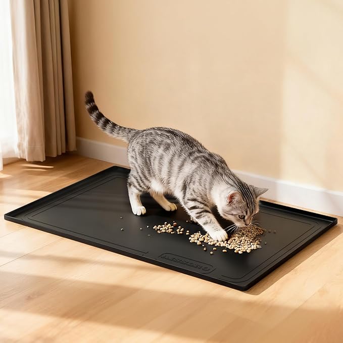 Aisslro Under Sink Mat 34" X 22", Waterproof Silicone Cabinet Organizer Protector with Raised Edge, Kitchen & Bathroom Leak Tray, Shelf Liner & Pet Feeding Mat for Dog Cat Food Mats, Black