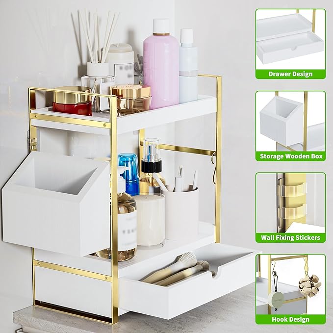2-Tier Bathroom Counter Organizer with Drawer and Basket, White-gold