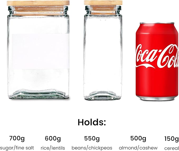 APT 1101 Glass Storage Jars with Bamboo Lid, glass canisters with airtight lids, Clear jars with lids for Spice, Cookie, Candy, Tea, Coffee Bean and Rice (White, 26 oz, Set of 6)