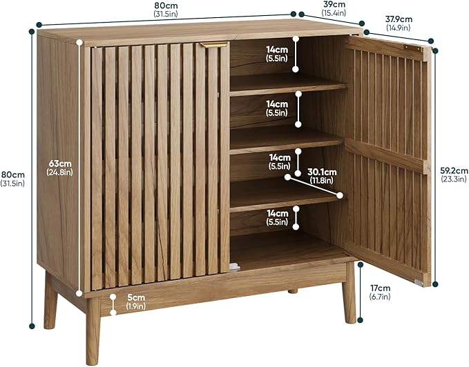 Kiasthome Shoe Storage Cabinet with Ventilated Slatted Doors, Wooden Shoe Organizer, Shoes Rack for Entryway, Hallway, Living Room