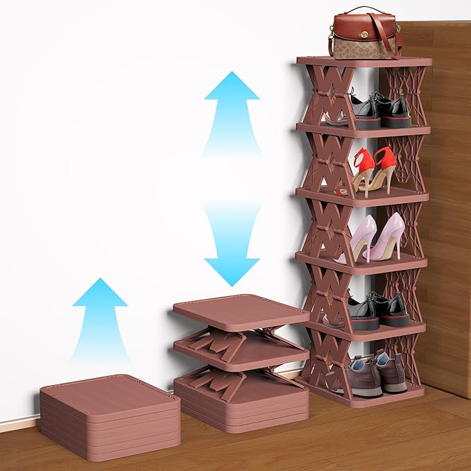 Shoe Rack, 6 Tier Shoe Organizer Fake Wood Pattern, Foldable Small Shoe Storage Space Saving, Collapsible Shoe Organizer for Closet, Front Door Entrance, Entryway, Bedroom, Brown