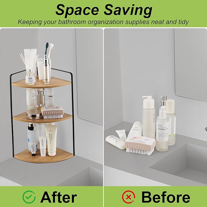 3 Tier Corner Bathroom Counter Organizer, Countertop Organizer, Makeup Organizer Countertop, Bathroom Storage Sink Shelf, Wooden and Metal Counter Shelf (Large Capacity-Rustic Walnut)