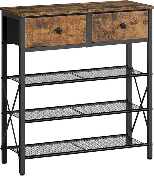YATINEY 4 Tier Shoe Rack, Large Capacity Shoe Storage Organizer, Metal Shoe Shelf with Drawer and Wooden Top, for 16 Pairs of Shoes, for Entryway, Closet, Rustic Brown and Black SS24BR