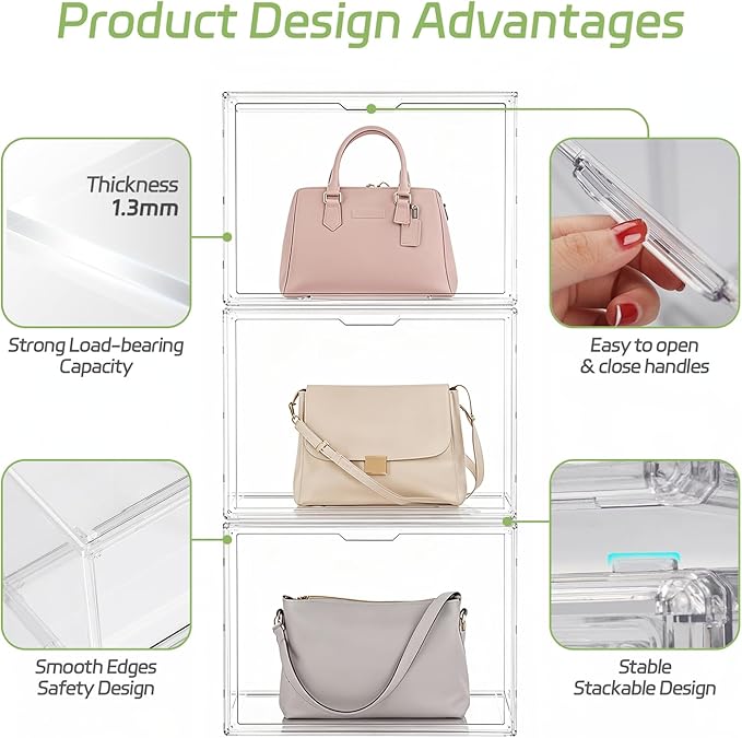 Clear Stackable Storage Bins, Acrylic Display Case, Acrylic Boxes with Lids, Magnetic Lid Storage Bins for Handbags & Purse, Large Figures Collectibles, Storage Box for Home Organization(3 Pack)