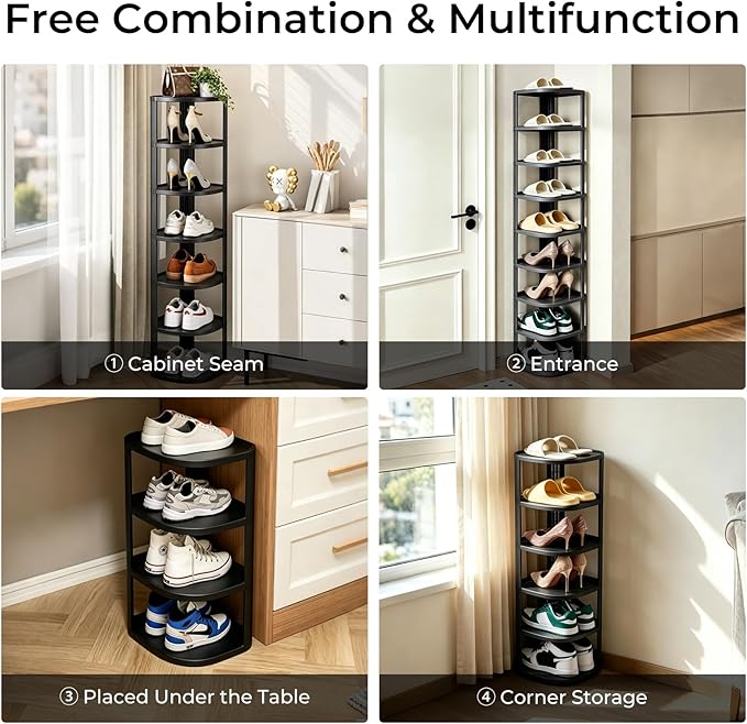 UFORU 8 Tier Vertical Shoe Rack,Corner Shoe Organizer for Entryway,Narrow Free Standing Shoe Organizer for Small Spaces,Tall Shoe Rock for Closet,Easy Assembly Shoe Storage Stand