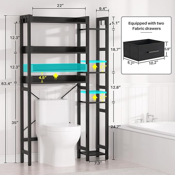 Besiost Over The Toilet Storage with 2 Drawers - 7 Tier Bathroom Organizer with Adjustable Shelf, Freestanding Space Saver Storage Rack Above Toilet Stand with 4 Hooks for Restroom, Laundry, Black