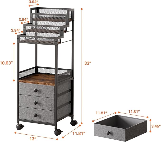 Display Riser Stand Perfume Cologne Organizer, 13in Rolling Makeup Storage Cart with Fabric Drawers, Floor Vanity Cosmetics Display Cases for Skin Care Nail Polish Figures Rustic Brown
