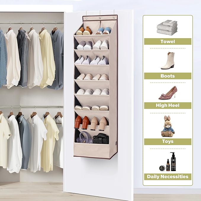 6 Pack Shoe Organizer with 6 Extra Large Pockets and 4 Large Pocket, Over the Door Sturdy Closet Storage Rack, Hanging Shoe Organizer for Shoes, Sneakers, Beige