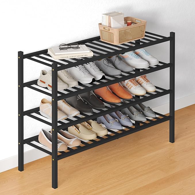 Smiry Bamboo Shoe Rack for Closet, 4 Tier Long Wooden Shoe Organizer, Stackable Wood Shoe Storage Shelf for Entryway, 14 Vertical Slats, 2+2 Stack Heavy-Duty Legs, 33.86"x11.02"x25.98", Black