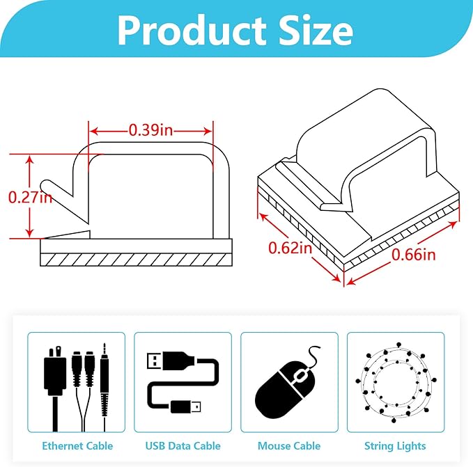 Abnii 100PCS Cable Clips, Adhesive Wire Clips Organizer Cord Clips Management, Cable Staples Outdoor Strong for Wall, Desk, Christmas Lights, String Lights, TV PC Ethernet Cable, Clear Large