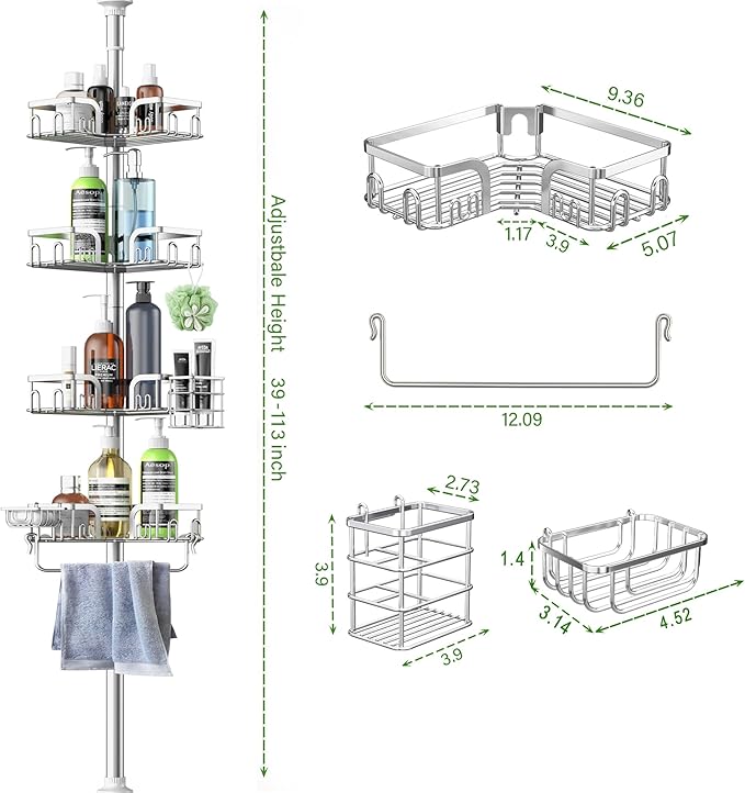 Corner Shower Caddy Tension Pole 4 Tier Adjustable Stainless Steel Shower Shelf for Inside Shower Bathtub Shampoo,Standing Bathroom Organizer Shelves with 39 to 113 inch Height