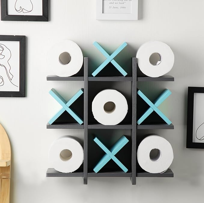 Weysat Tic Tac Toe Toilet Paper Holder Stand Bathroom Wall Decor Rustic Wooden Hanging Storage Freestanding Wall Mounted Shelves Decor for Toilet Tissue Farmhouse