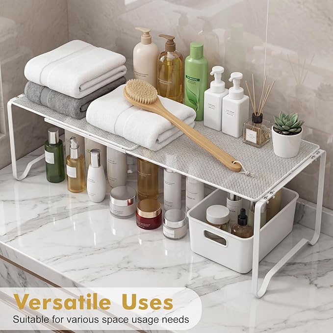 Extendable Dense Mesh Metal Shelf - 15-24.4in Adjustable Stackable Organizer for Kitchen, Bathroom, Shoe Cabinet & Tool Closet, Dust-Proof Small Item Friendly Storage Rack (2 Piece, White)