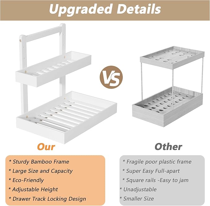 Bamboo Under Sink Storage 2 Tier Pull Out Cabinet Organizer Slide Out Under Sink Storage Shelf Undersink Organizers Shelves for Kitchen Bathroom Organization (White, 2 Packs)