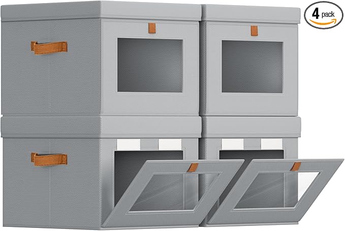 Homsorout Storage Bins with Lid – Closet Organizer with Side Opening and Clear Window, Foldable Stackable Fabric Basket for Clothes, Home, Office - 13.77" x 11.8" x 9.8", 4 Pack, Grey