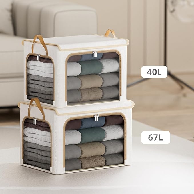 4 Pack Clothes Storage Bins with Metal Frame - 66L Stackable Storage Box with Lid，Foldable Storage Container Organizer for Clothes，Linen Fabric Storage Box with Clear Window＆Zippers＆Handles