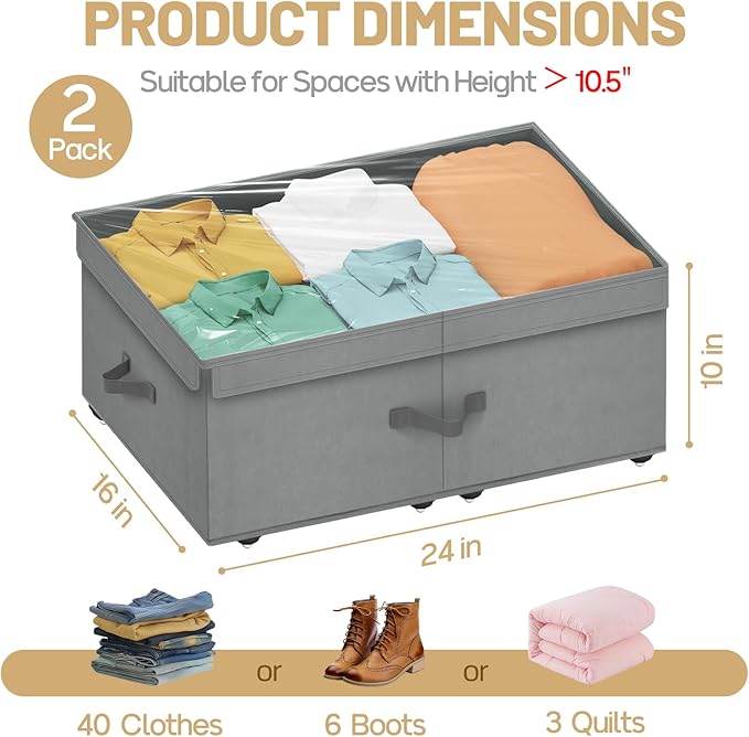 Large Under Bed Storage with Wheels, 10" Height Rolling Underbed Storage Containers Bins with Lid, Deep No-Assembly Under Dorm Bed Storage Drawers for Shoes, Clothes, Blankets (2 Pack, Grey)