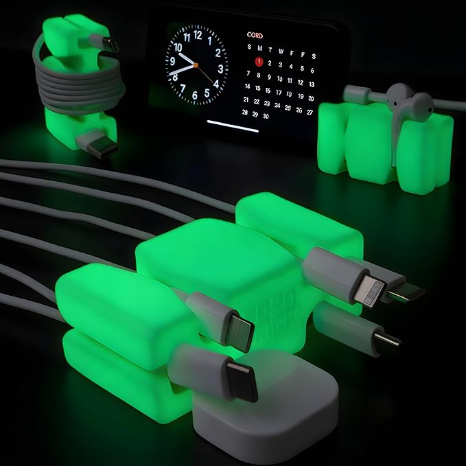 CordBrick Glowing Silicone + Steel Weighted Cable Holder for Nighstand, Cord Wrap for Travel, Unique iPhone Accessory. Small Graduation Gift for High Schoolers. Gadget for Teens. Green Glow