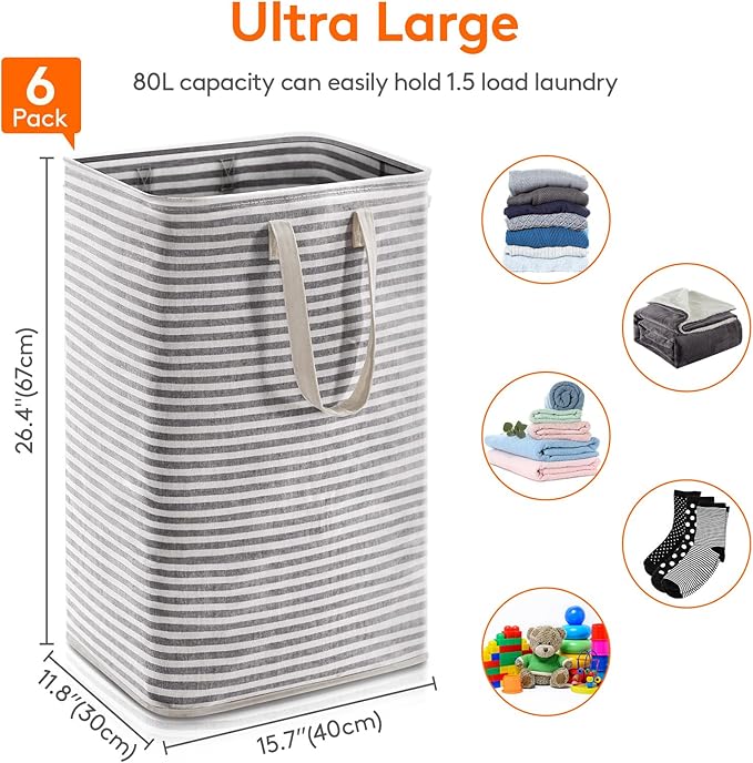 Lifewit 6 Pack Laundry Basket 80L Each, Collapsible Clothes Hamper with Reinforced Handles, Freestanding Waterproof Design for Bedroom and Laundry Room, Black 480L Total