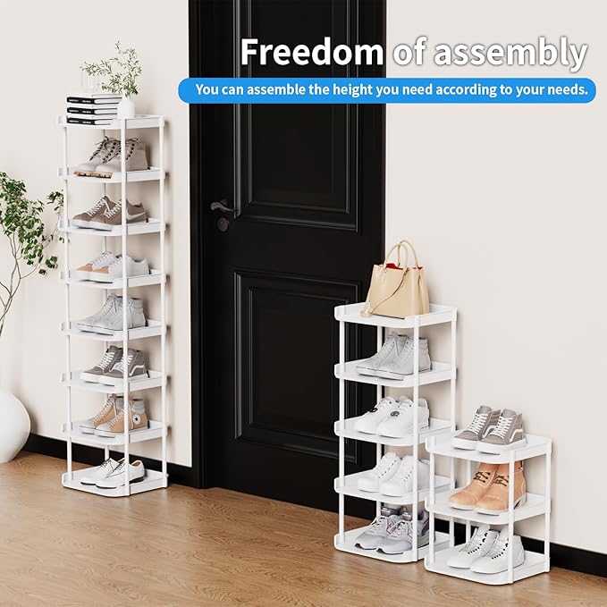 Narrow Shoe Storage Rack, Compact Single Shoerack Stand for Slim Space, Stackable Tall Thin Show Tower, Solid Plastic Shelves, for Hallways, Kitchens, Bedrooms Tidy Organizer (White, 8 Tier)