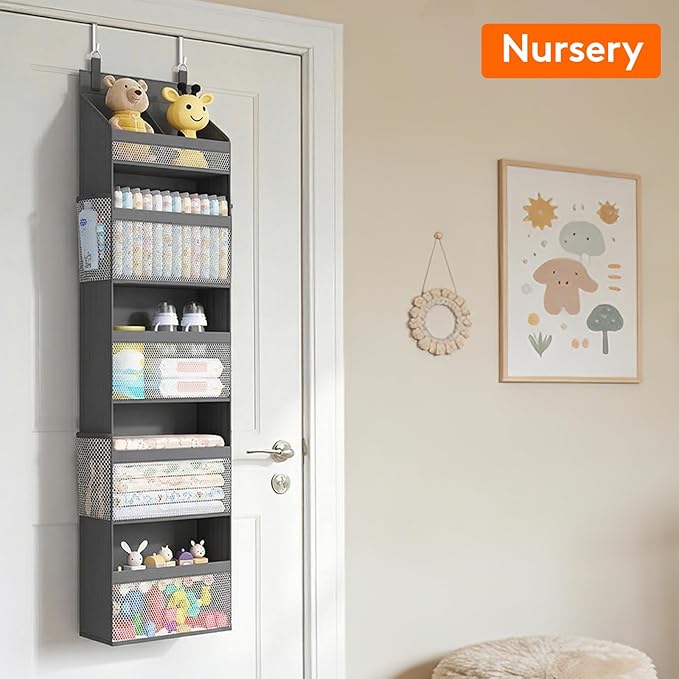 5 Tier Over the Door Diaper Organizer for Nursery, Gray