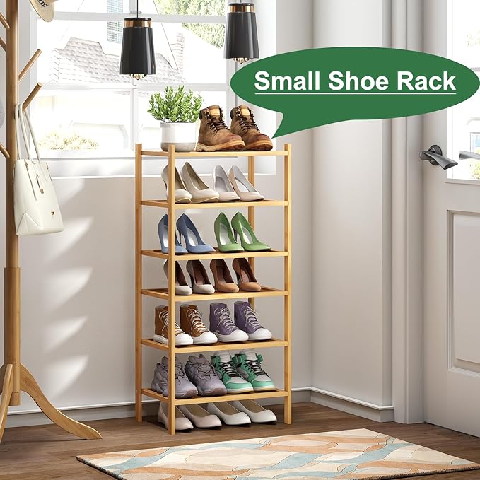 kiplant 6-Tier Small Bamboo Shoe Rack for Entryway, Stackable | Foldable | Natural, Shoe Organizer for Hallway Closet, Free Standing Shoe Racks for Indoor Outdoor