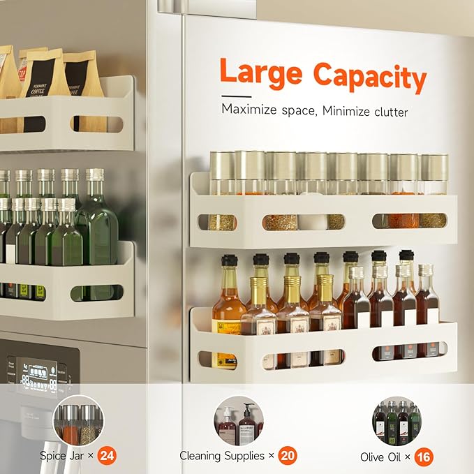 Sevenblue 6 Pack Strong Magnetic Spice Rack for Refrigerator, Multipurpose Magnetic Shelf for Fridge with 4 Hooks for kitchen and Bathroom Organization, White