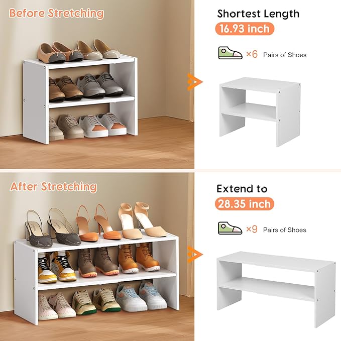 2-Tier Expandable White Shoe Rack Organizer for Closet
