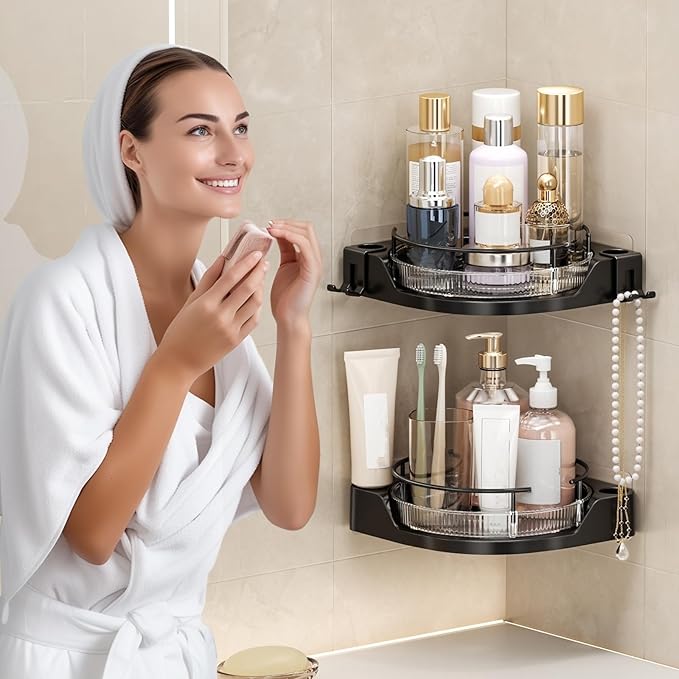 360°Rotating Corner Shower Caddy(2-Pack), No-Drill Adhesive Shower Shelf Organizer with Hooks, Lazy Susan Bathroom Storage for Bathtub, Shower Corner & Kitchen Sink, Space Saving Bathroom Organizer